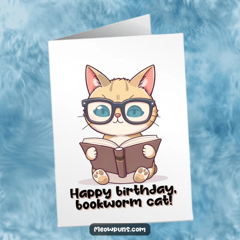 Funny Free Printable Birthday Card: A cat with oversized glasses engrossed in reading a thick book.