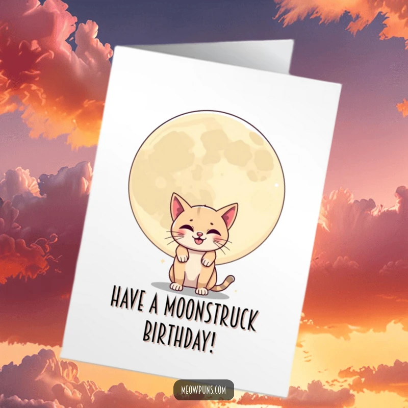 Funny Free Printable Birthday Card: Mischievous cat peeking from behind a giant grinning moon, hilarious birthday wish.