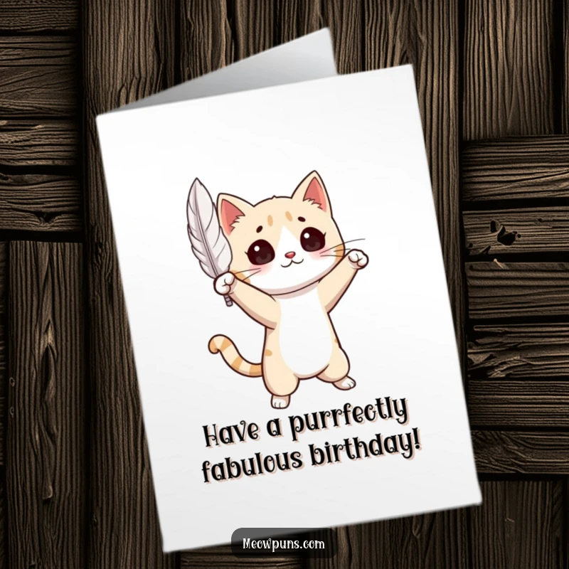 Funny Free Printable Birthday Card: A cat in a dramatic pose batting at a single floating feather, a humorous DIY gift.