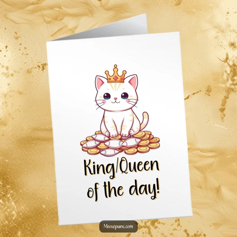 Funny Free Printable Birthday Card: A regal cat in a crown sits atop a pile of fish coins, celebrating a birthday.