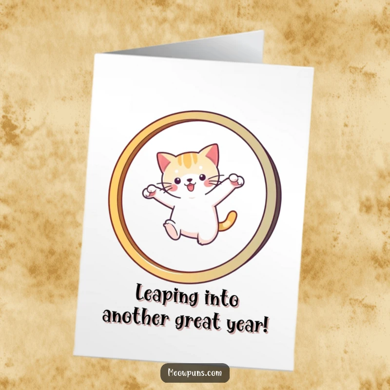 Funny Free Printable Birthday Card: Cat leaping through an M-shaped hoop, celebrating achievements with playful energy, giftable art.