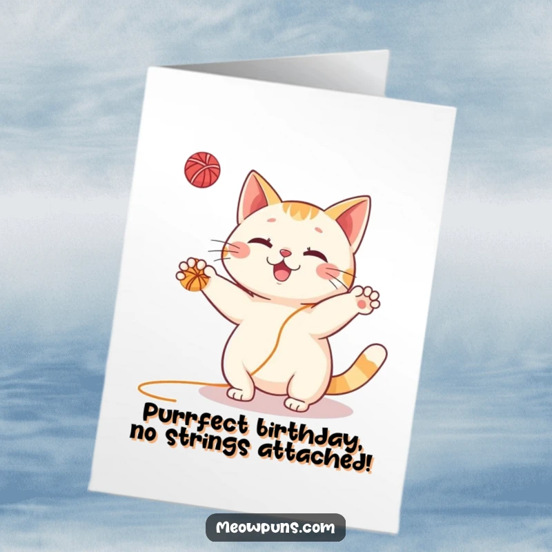 Funny Free Printable Birthday Card: Excited cat juggling multiple colorful yarn balls with pure joy, a DIY gift idea.