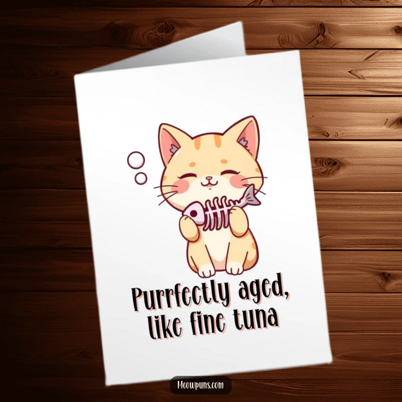 Funny Free Printable Birthday Card: Cute cat with a thought bubble showing a fish skeleton, looking content.