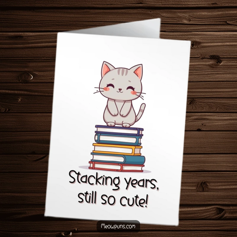 Funny Free Printable Birthday Card: Cute grey cat precariously balancing on a tall stack of books, celebrating.