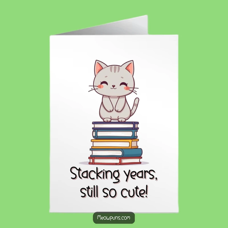 Free Printable Funny Cat Birthday Card: Book Stack Balance, Downloadable Gift