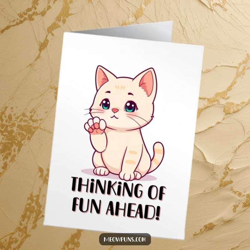 Funny Free Printable Birthday Card: Cat striking a deep thinking pose with a paw to its chin, perfect for birthday downloadable humor.