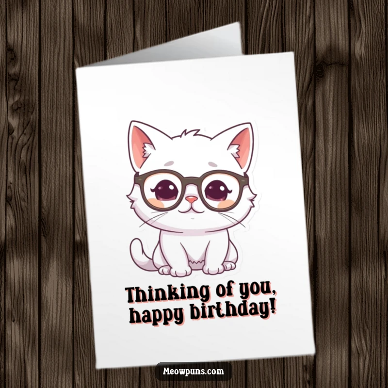 Funny Free Printable Birthday Card: White cat wearing glasses, looking thoughtful and wise, celebrating a birthday with a purr.