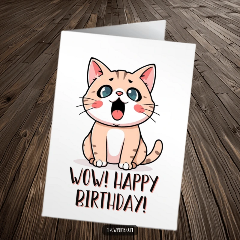 Funny Free Printable Astonished Cat Birthday Card: Cat looks shocked with a giant exclamation mark, celebrating surprise.