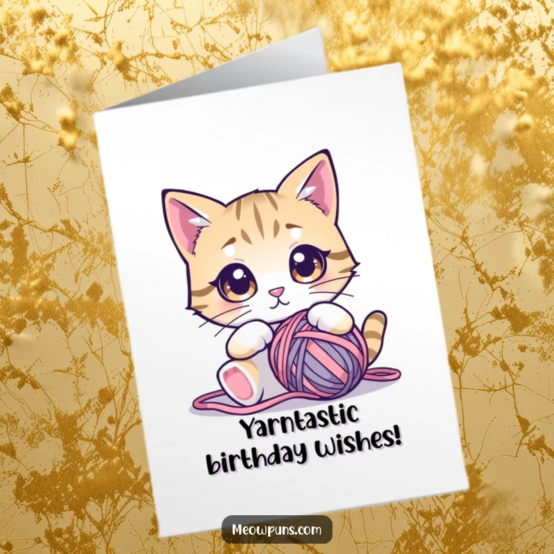 Funny Free Printable Birthday Card: Cat with huge, wide eyes staring intently at a large, tempting ball of yarn, completely mesmerized.