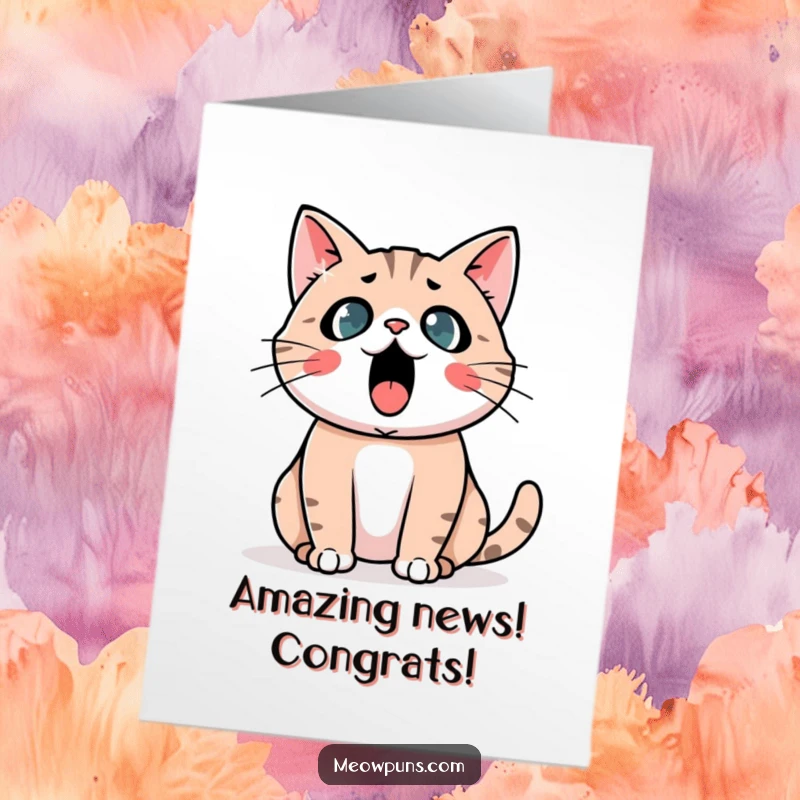 Funny Free Printable Astonished Cat Congratulations Card: Cat looks utterly astonished with a giant exclamation mark.