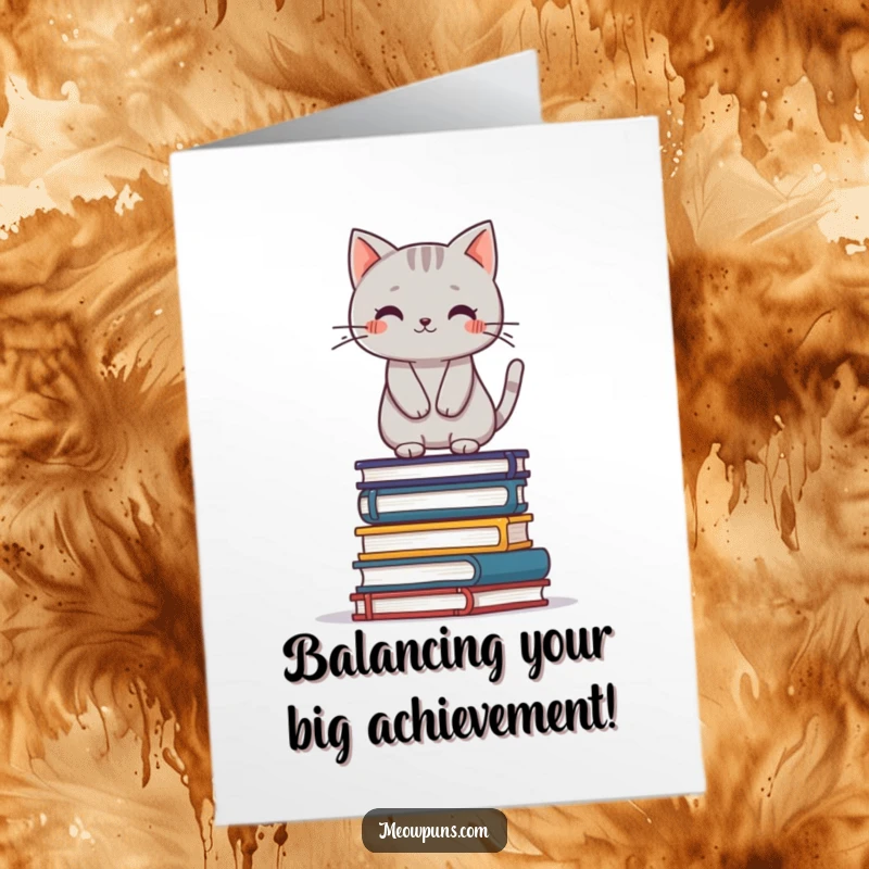 Funny Free Printable Congratulations Card: Grey cat balancing on a stack of books, signifying accomplishment and congratulations.