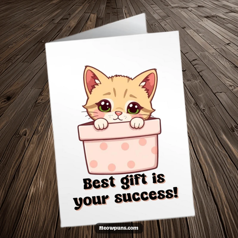 Funny Free Printable Congratulations Card: A mischievous cat peering out from a slightly opened gift box.