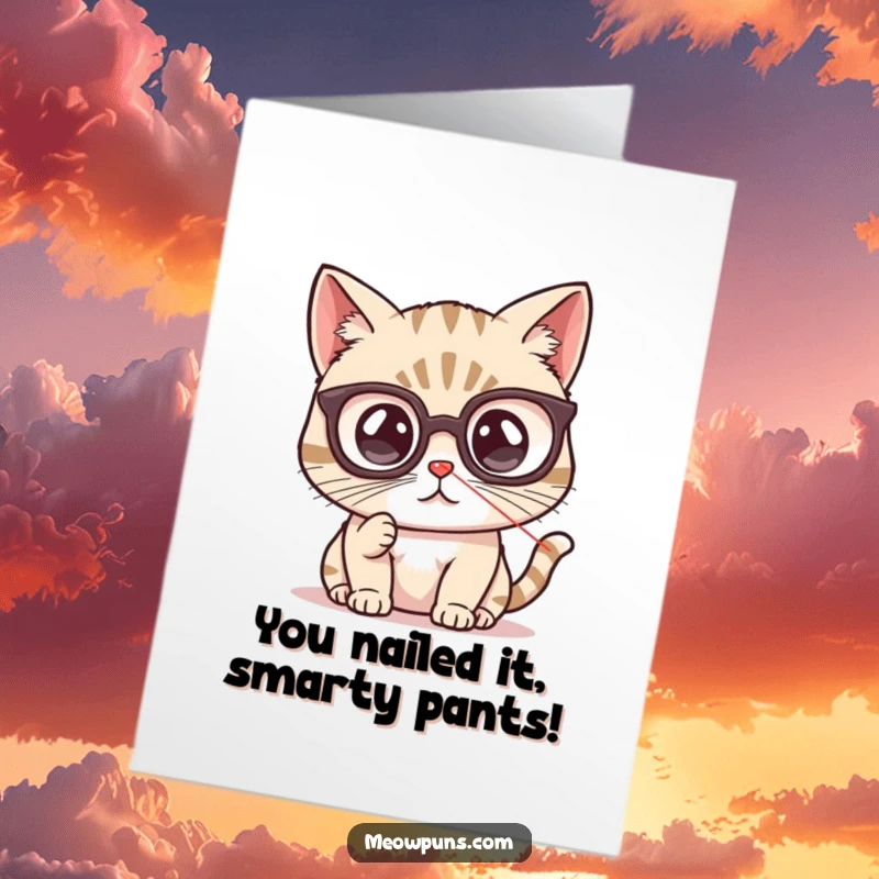 Funny Free Printable Congratulations Card: Cat wearing glasses intently watches a laser pointer beam, celebrating a win.