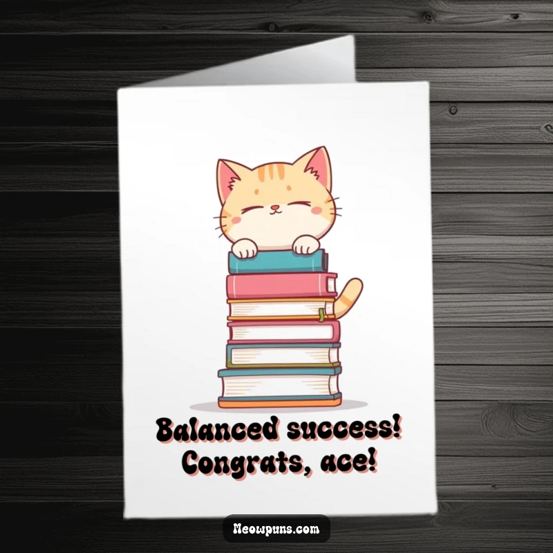 Funny Free Printable Congrats Card: A cat triumphantly balancing a huge stack of books, looking proud.