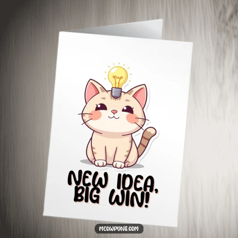 Funny Free Printable Congratulations Card: Cat having a lightbulb moment, celebrating success with a brilliant idea, a downloadable gift.