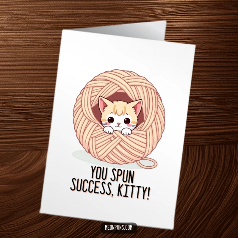 Funny Free Printable Congrats Card: A cute cat character emerging from a giant yarn ball, celebrating an achievement.