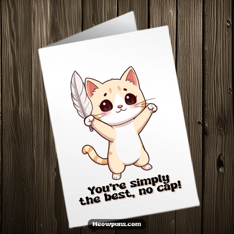 Funny Free Printable Congrats Card: A cat striking a dramatic pose, captivated by a floating feather, a stylish DIY gift.