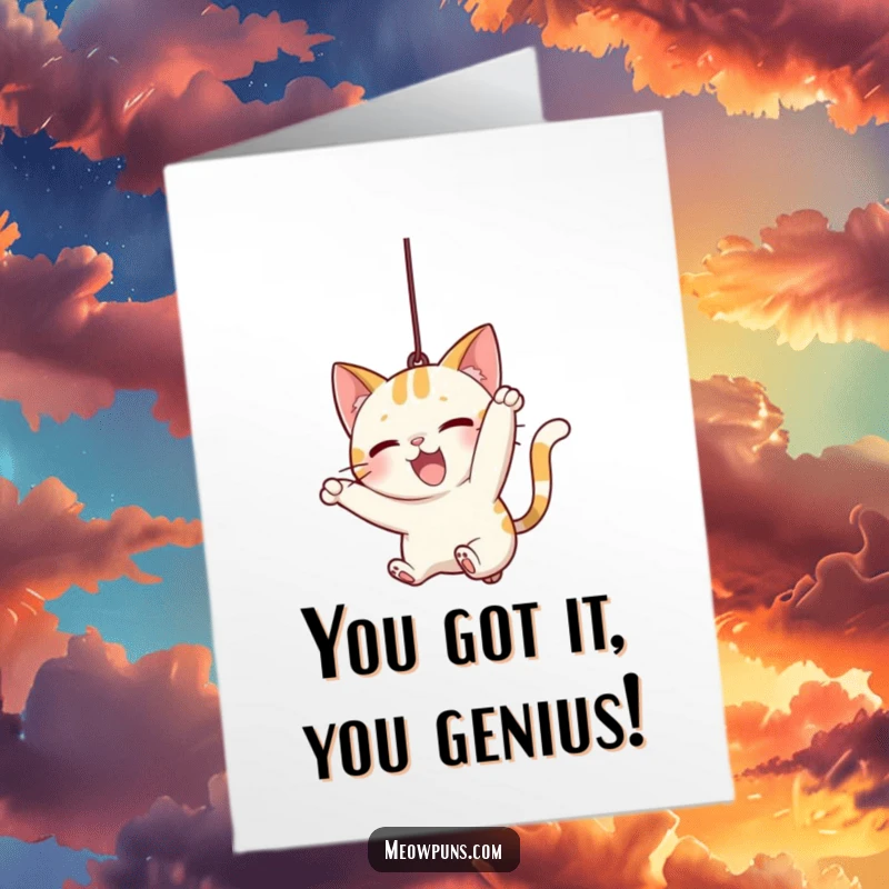 Funny Free Printable Congrats Card showing a cat character mid-pounce, eagerly chasing a dangling string.