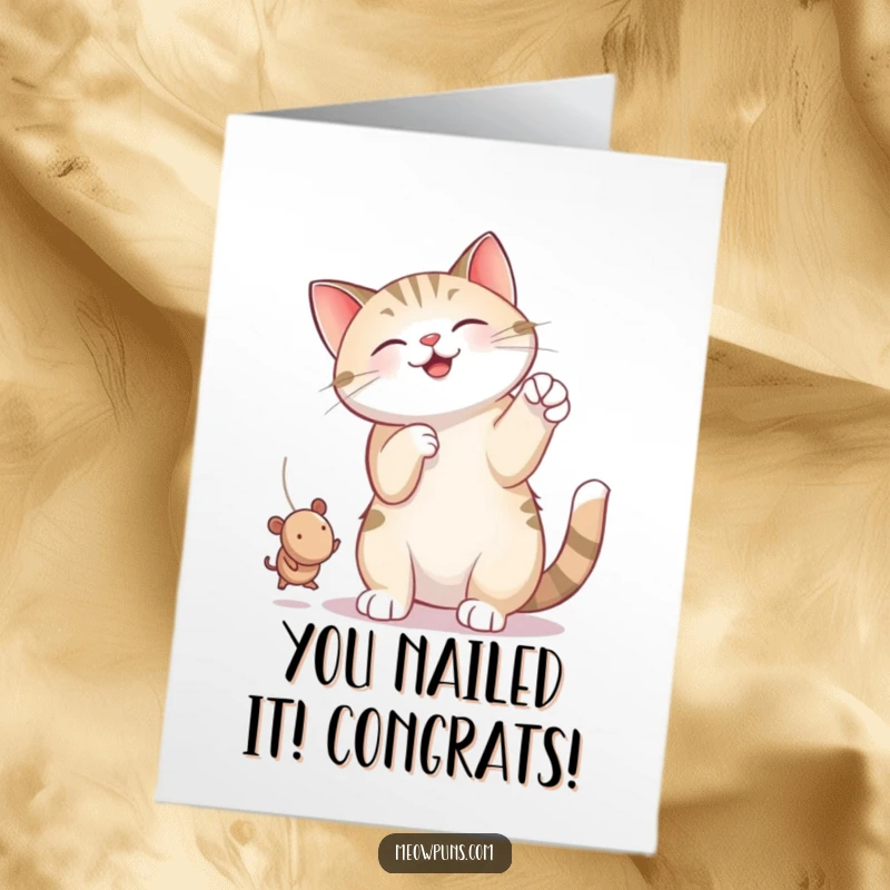 Funny Free Printable Congratulations Card: Cat tangled in string, celebrating with joy, hilarious downloadable card.