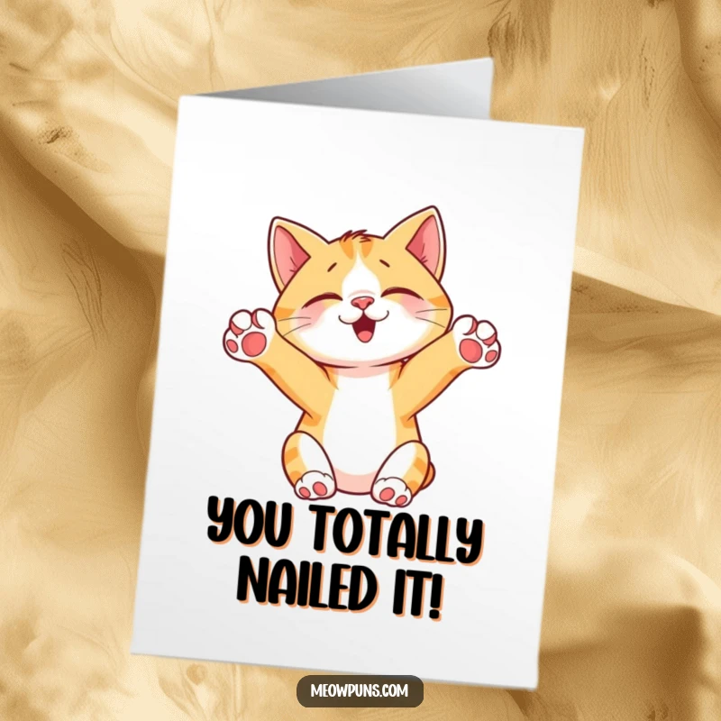 Funny Free Printable Congrats Card showing a content cat stretching with its paws up, celebrating success.