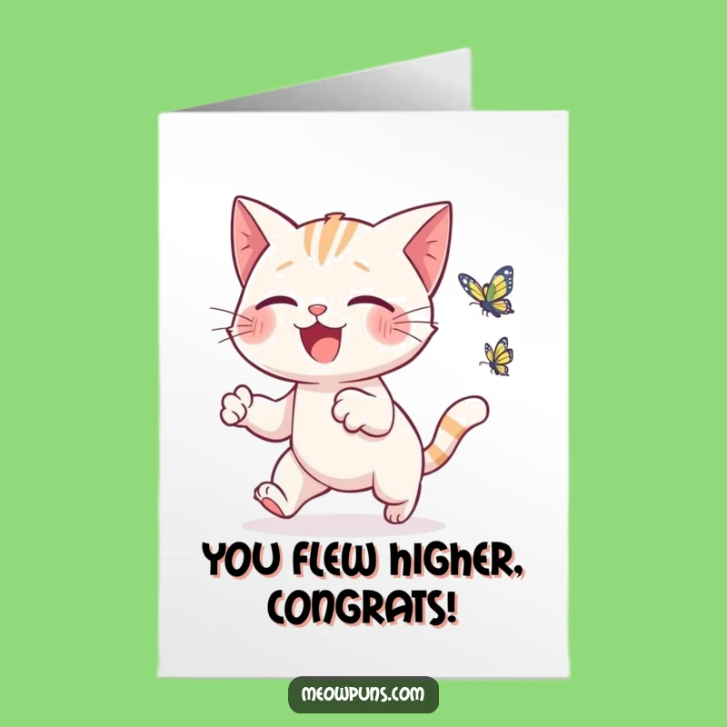 Free Printable Congrats Card: Playful Cat, Butterfly Chase - Success Downloadable