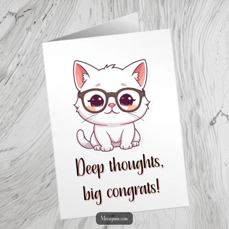 Funny Free Printable Congratulations Card: White cat wearing glasses, looking pensive and thoughtful, conveying congratulations.