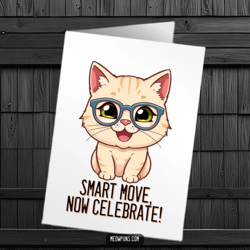 Funny Free Printable Congratulations Card: A content cat wearing miniature spectacles, looking quite intelligent.