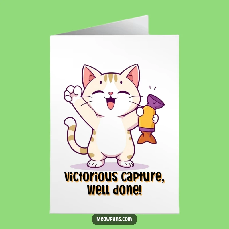Free Printable Congrats Card: Victorious Cat, Toy Catch - Success Downloadable