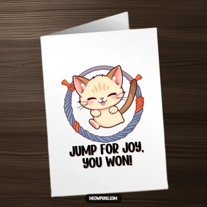 Funny Free Printable Congratulations Card: Mischievous Siamese cat jumping through a hoop of yarn, symbolizing impressive feats.