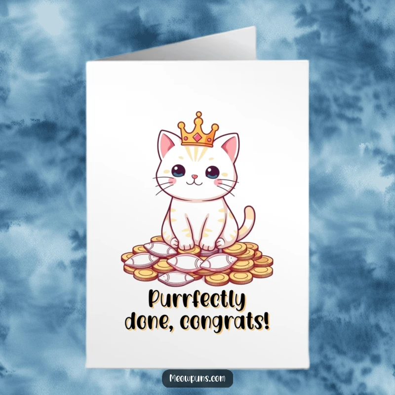 Funny Free Printable Congratulations Card: A crowned cat sits regally on fish-shaped coins, celebrating a major achievement.