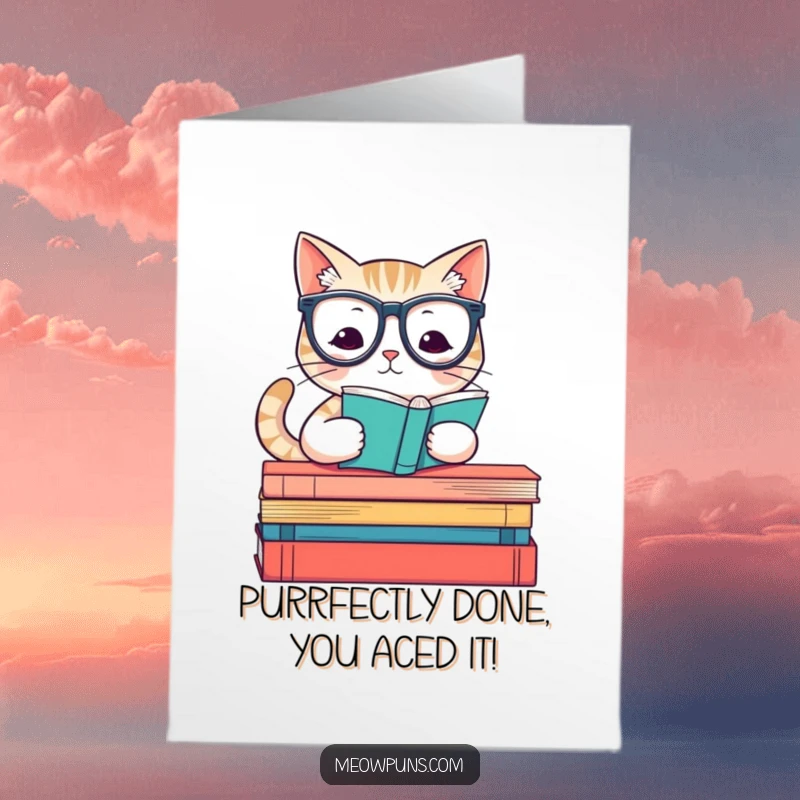 Funny Free Printable congratulations card showing a cat with glasses on books, wisely celebrating achievements.