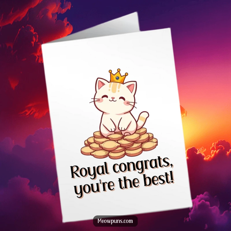 Funny Free Printable Congratulations Card: Cat wearing a crown on fish coins, celebrating success with humor, downloadable art.