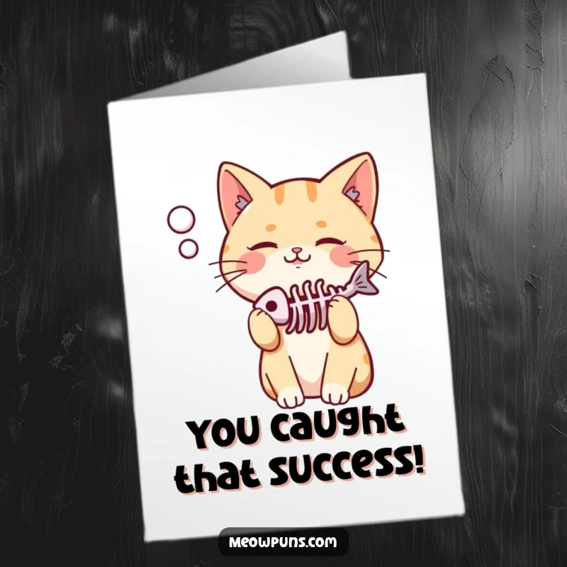 Funny Free Printable Congrats Card: Cute cat looking pleased, with a fish skeleton in its thought bubble.