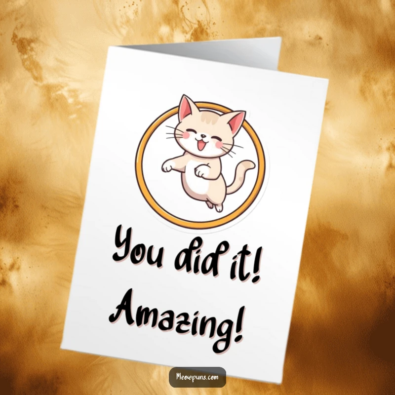 Free Printable Congratulations Card: Amused cat mid-air leaping through a large stylized M hoop.