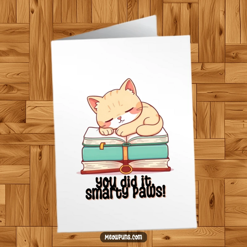 Funny Free Printable Congratulations Card featuring a relaxed napping cat on a large book, ideal for celebrating milestones.