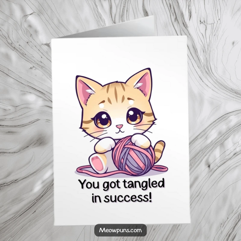 Funny Free Printable Congratulations Card: A cat with big, round eyes intensely focused on a ball of yarn, signifying dedication and achievement.