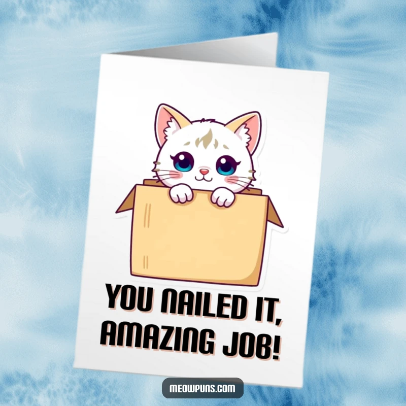 Funny Free Printable Congratulations Card: Curious cat peeking from a box, celebrating a win.