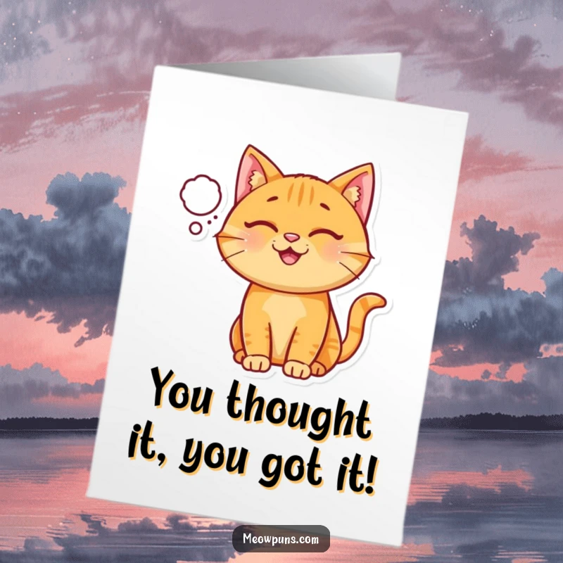 Funny Free Printable Congratulations Card: Ginger cat with a tiny thought bubble, contemplating success.