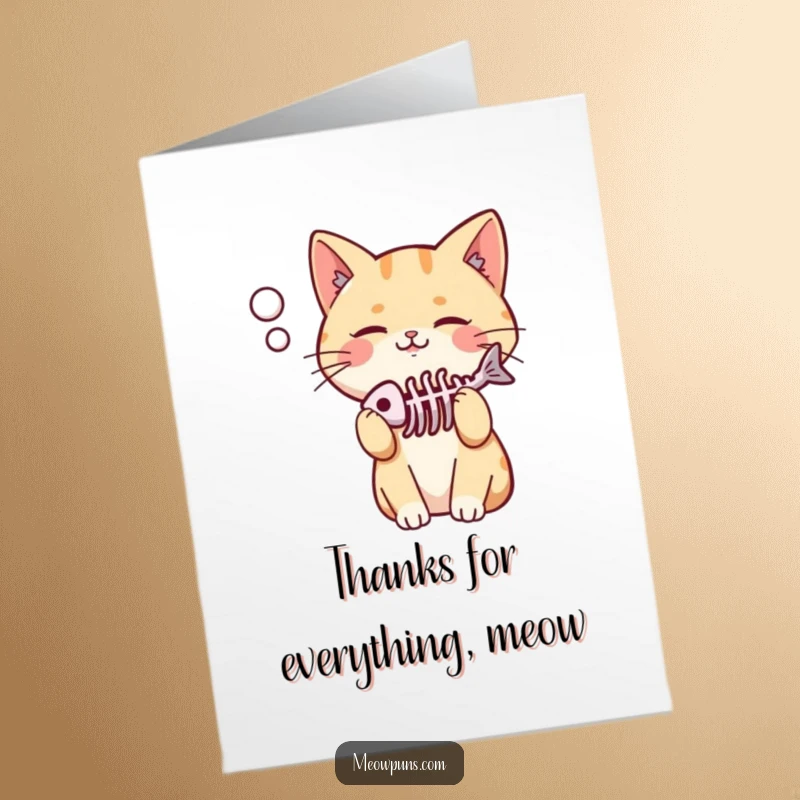 Funny Free Printable Thank You Card: Cute pleased cat thinking about a fish skeleton, a funny thank you.