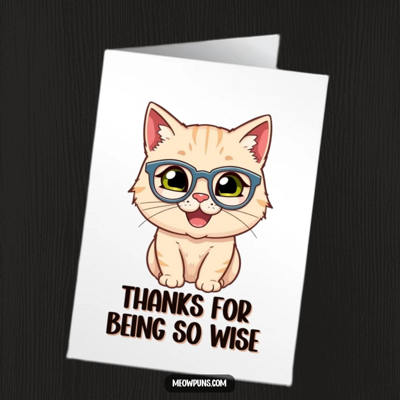 Funny Free Printable Thank You Card featuring a happy cat wearing small, stylish spectacles.