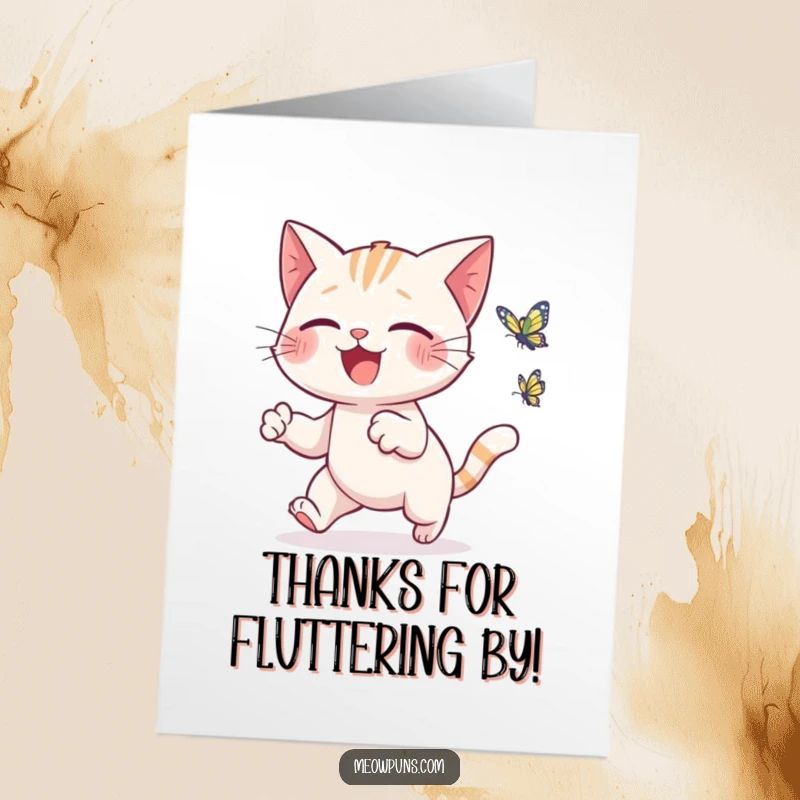 Funny Free Printable Thank You Card: A smiling cat playfully jumping towards a small fluttering butterfly, expressing heartfelt thanks.