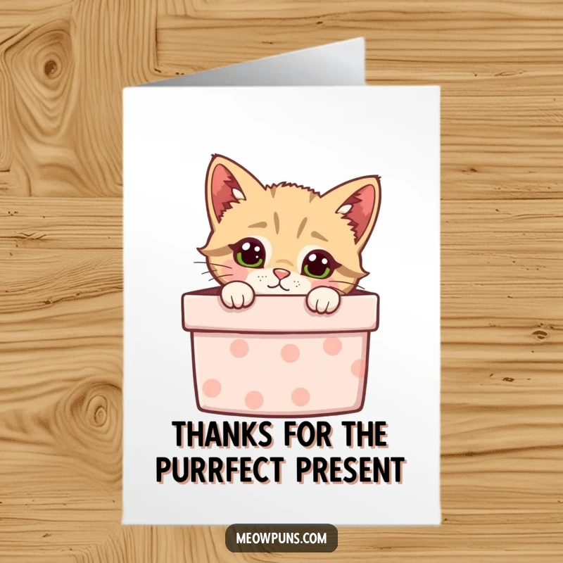 Funny Free Printable Thank You Card: A curious cat's head emerging from a gift box, offering thanks.