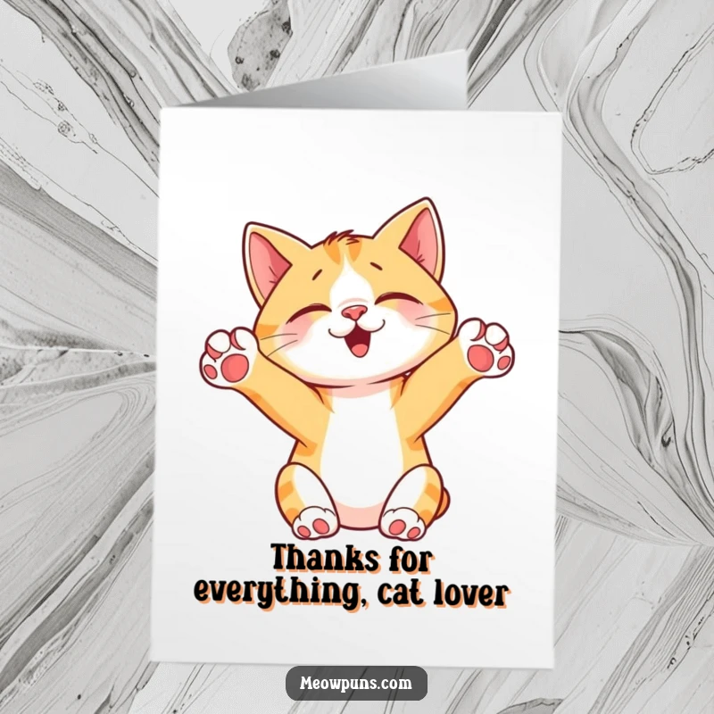 Funny Free Printable Thank You Card featuring a relaxed cat stretching, conveying heartfelt gratitude.