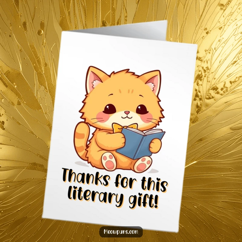 Funny Free Printable Thank you Card: Orange cat in a bowtie, reading a book, conveying thoughtful gratitude.