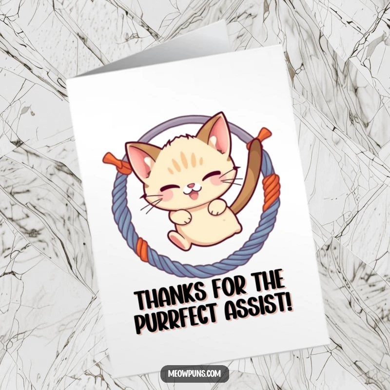 Funny Free Printable Thank you Card: Mischievous Siamese cat jumping through a hoop of yarn, conveying playful thanks.