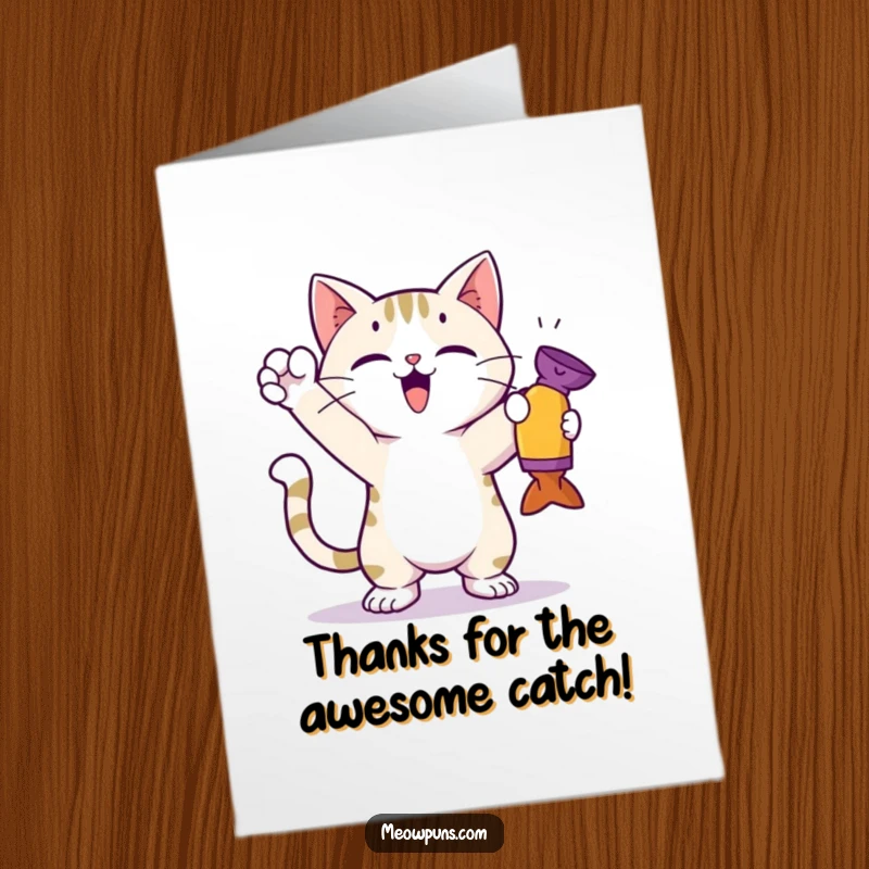 Funny Free Printable Thank You Card: A cat standing tall, proudly holding a toy, celebrating a successful catch, conveying heartfelt thanks.