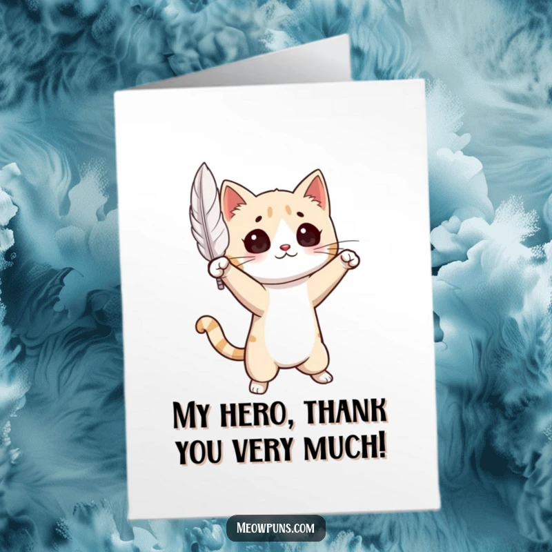 Funny Free Printable Thank You Card: A cat in a dramatic pose intently watching a floating feather, a unique DIY thank you.