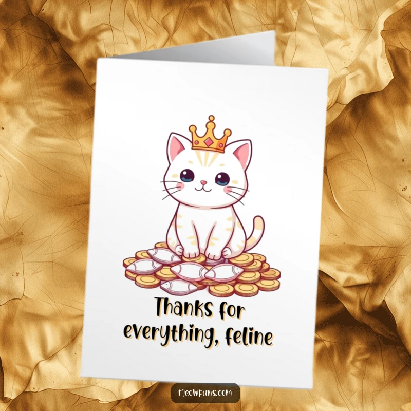 Funny Free Printable Thank You Card: A tiny crowned cat sits on a treasure of fish coins, offering thanks.