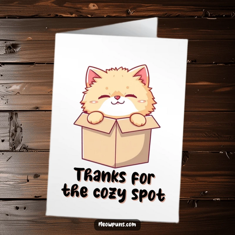 Funny Free Printable Thank You Card with a fluffy cat looking quizzically out of a tiny box.