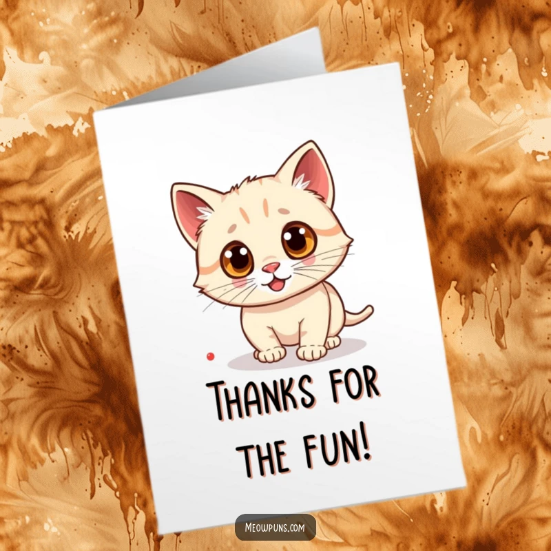Funny Free Printable Thank You Card: Googly-eyed cat caught mid-pounce chasing a tiny red laser dot.